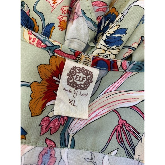 ELF Carmen Wrap Dress Gray Floral Ruffle V Neck Rayon Green Multi Tie Size L/XL - Picture 11 of 15